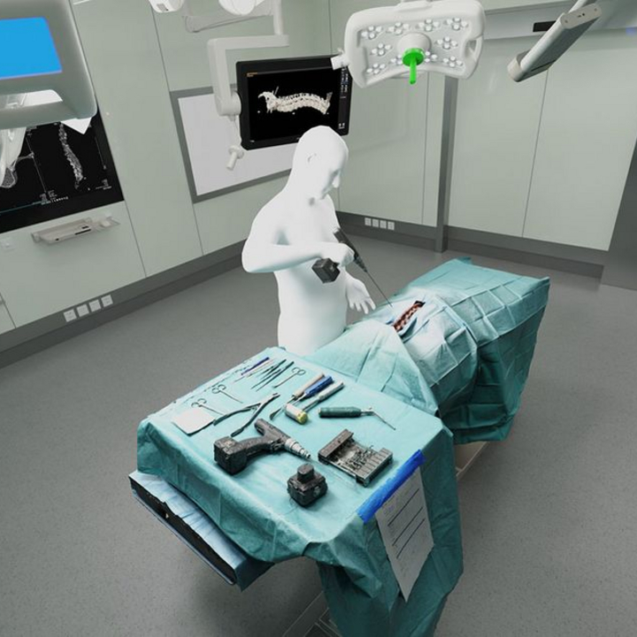 A surgical digital twin standing in a virtual operating room in front of an OR table.