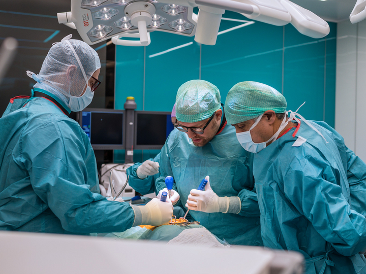 Surgeon placing a screw on a specimen in the OR-X while explaining the procedure to a reasercher.