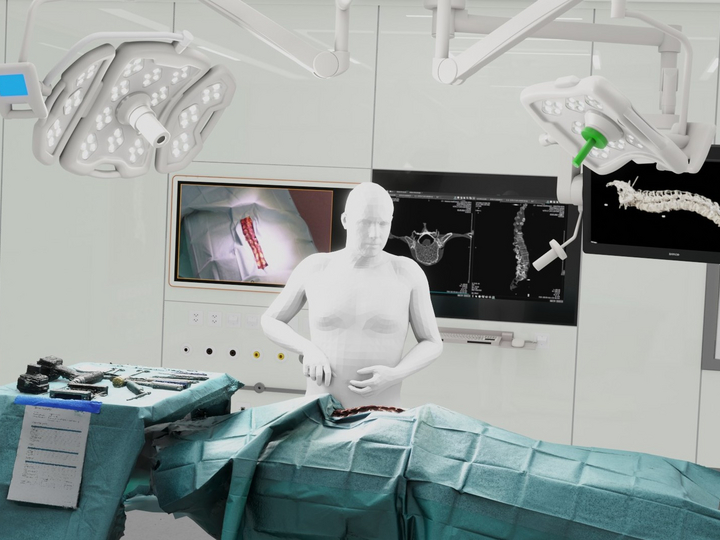 A surgical digital twin working in a virtual copy of an operating room on a spinal surgery.