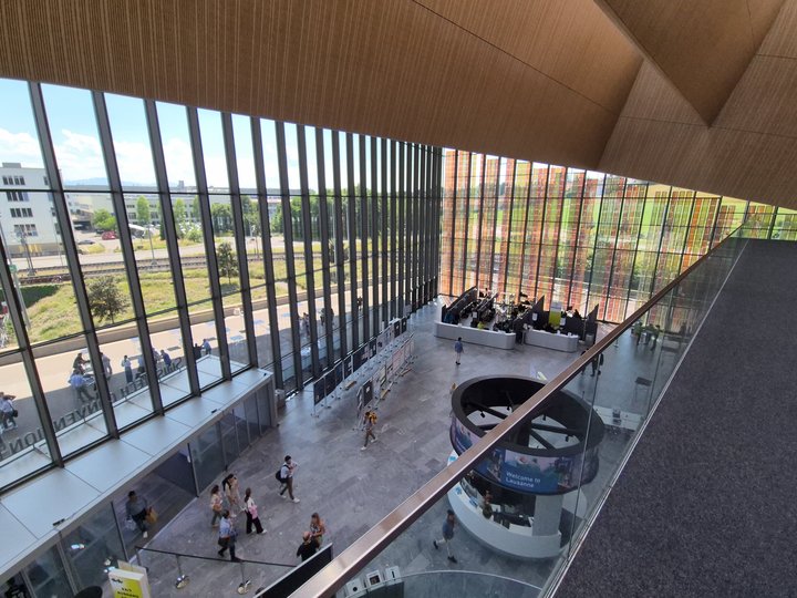 View from above of the entrance hall of the Swiss Tech Convention Centre