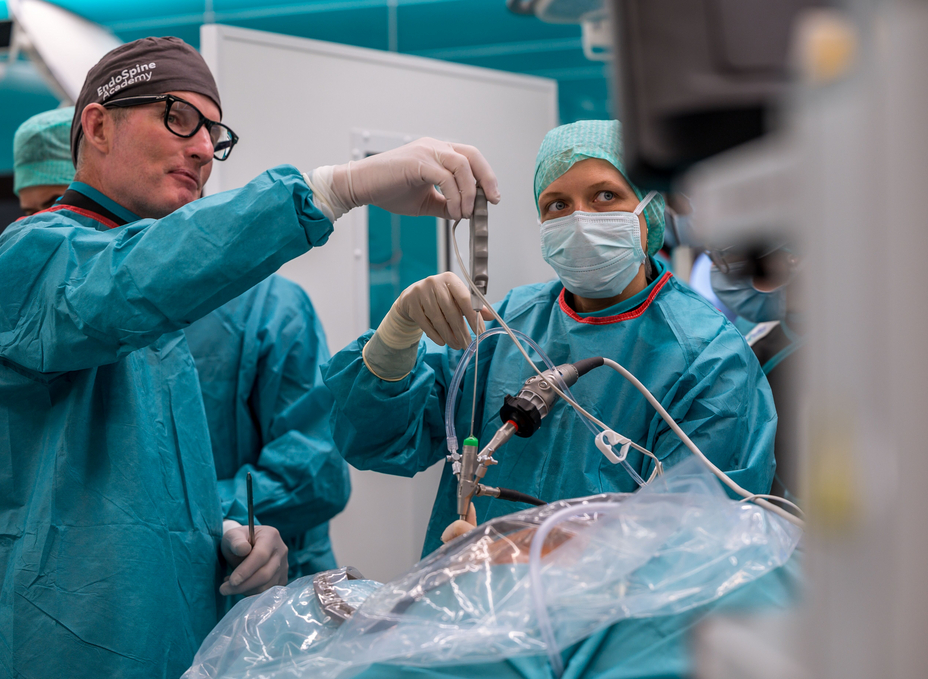 A faculty member explains an endoscopic procedure to a surgeon as part of the EndoSpine Academy in OR-X.