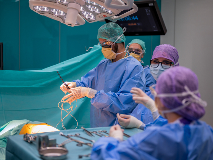 A medical student is instructed by OR technicians in the OR-X on how to handle surgical instruments.