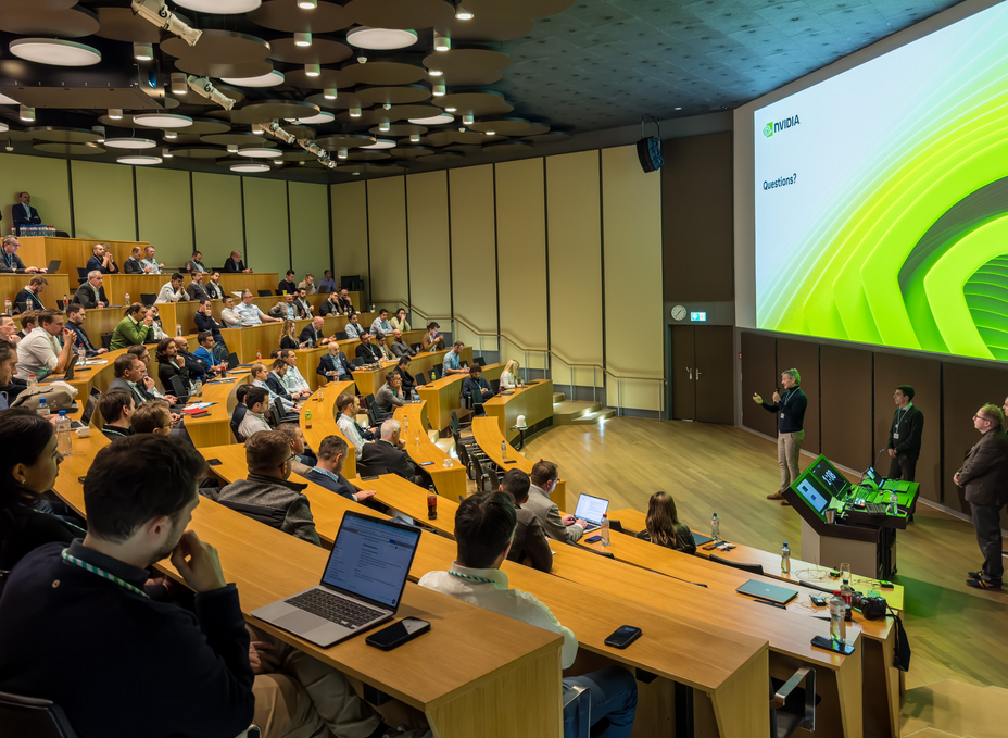 Over 150 participants listening to one of the many NVIDIA speaking tracks in the auditorium.