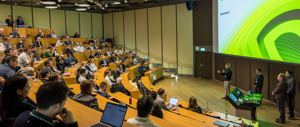Over 150 participants listening to one of the many NVIDIA speaking tracks in the auditorium.